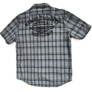 Harley Davidson Shirt Short Sleeve Button Up Gray Black Plaid HD Men's Size L